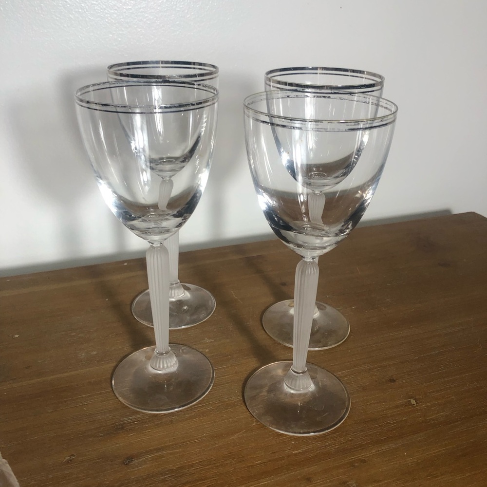 4x Lenox Crystal Federal Gold Rim Frosted Ribbed Stem Wine Glasses